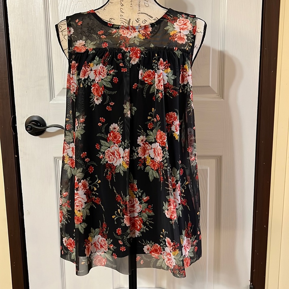 Floral sheer layered yoke sleeveless top